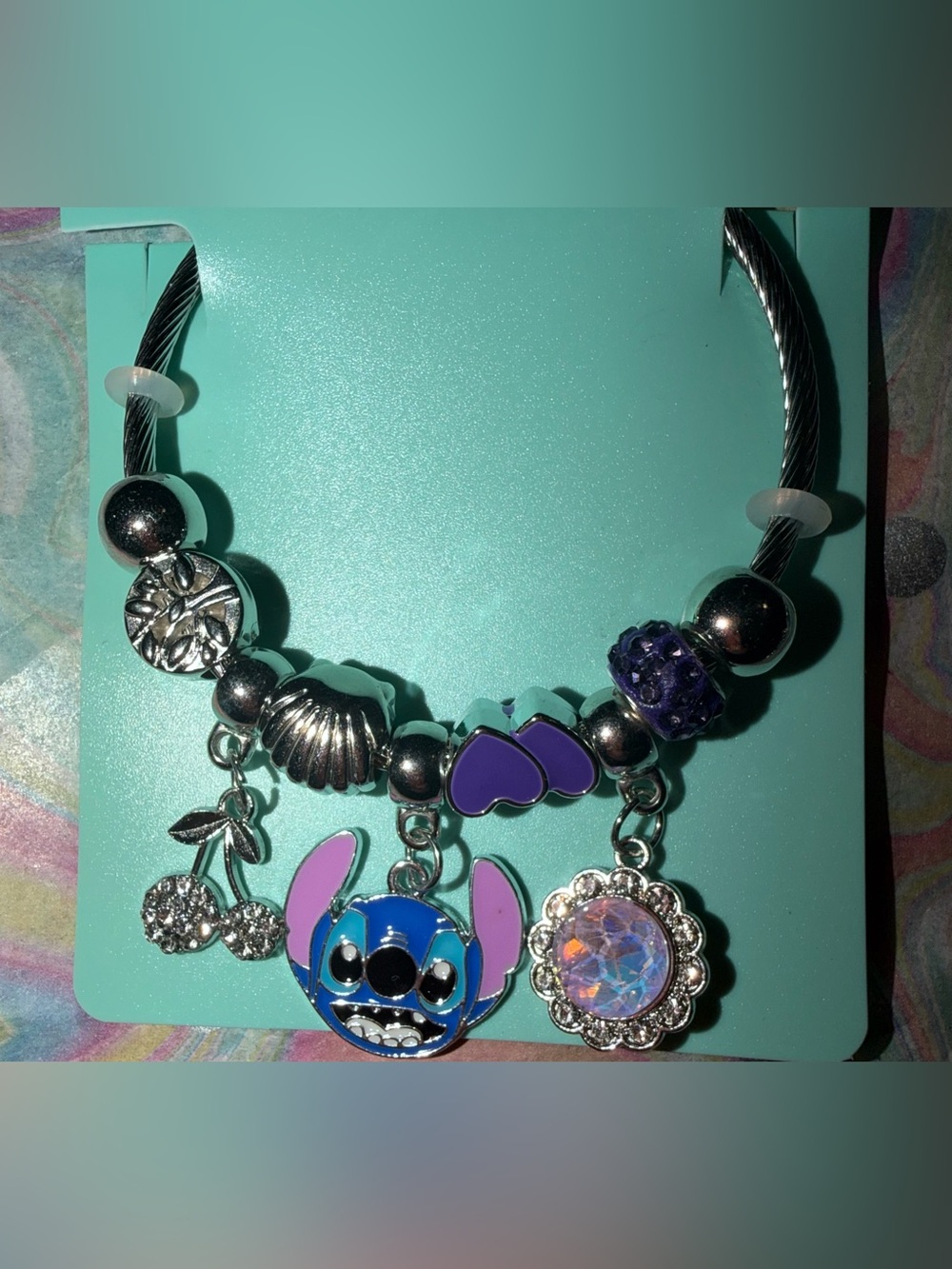 Silver twisted cable wrap  Stitch Charm Bracelet